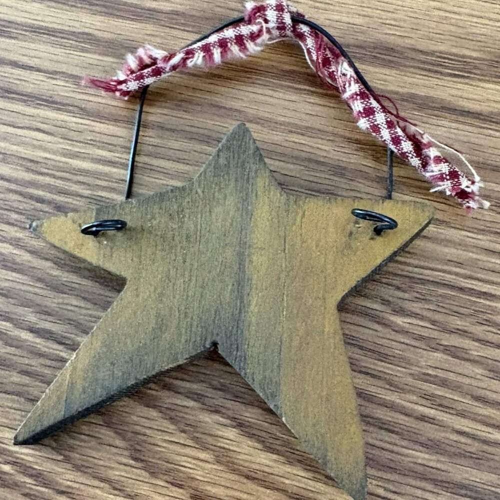 Homemade wooden country star ornament, 3" x 3"